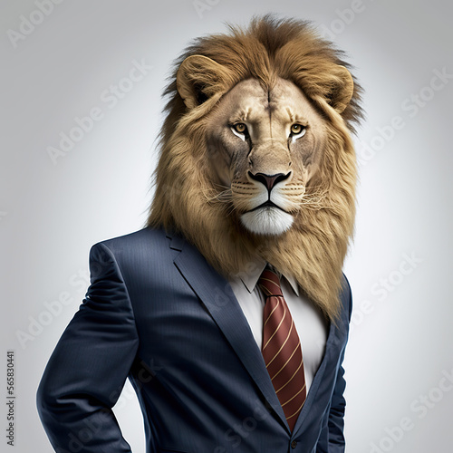 Fényképezés Anthropomorphic lion wearing a suit