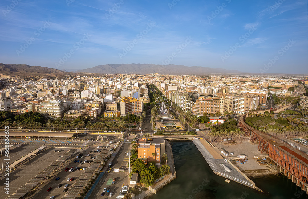 The drone aerial view of downtown district of Almeria, Spain. Almería is a city and municipality of Spain, located in Andalusia. It is the capital of the province of the same name.
