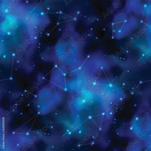 Endless Texture of Cosmic Universe. Night Sky with Constellations, Nebulas, Comets, Stars, Planets etc. Decorative Design for Prints, Fabrics, Wallpapers etc. Seamless Pattern. Vector illustration