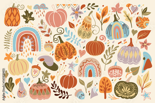 Big Collection of Autumn Plants, Pumpkins Designs. Rainbows, Apple, Pear, Acorns, Lot of Leaves and Deco Elements. Elegant Natural Motifs. Hand Drawn Style. Vector Illustration
