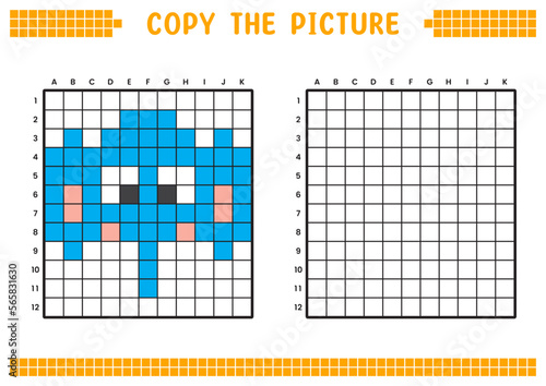 Copy the picture, complete the grid image. Educational worksheets drawing with squares, coloring cell areas. Children's preschool activities. Cartoon vector, pixel art. Elephant face illustration.