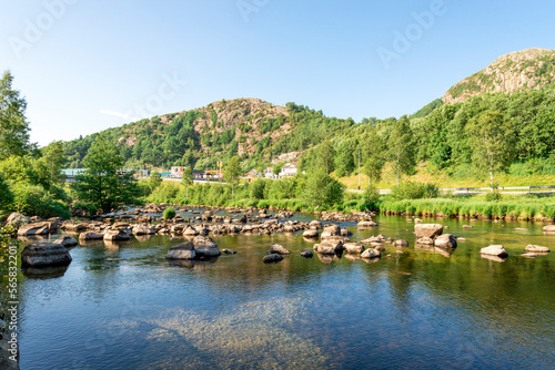 Obraz na płótnie Rocks making a river rocky ford crossing near Algard town, Norway, June 2018 w salonie