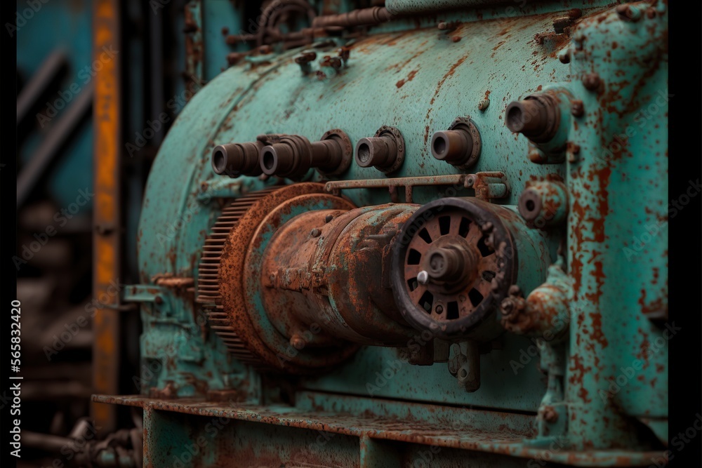 Close-up of a rusting machine with a focus on the texture, created with Generative AI technology