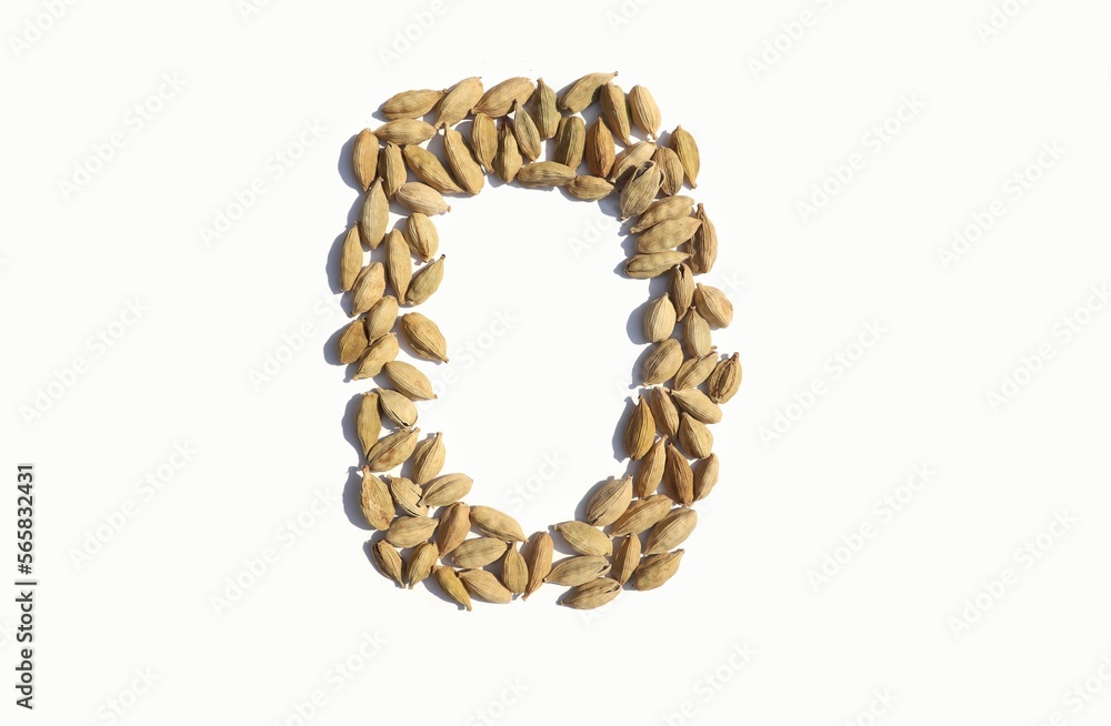 0 Zero Number Written with Dry Cardamom or Cardamon Pods Isolated on White Background 0 Zero Number Written with Dry Cardamom or Cardamon Pods Isolated on White Background