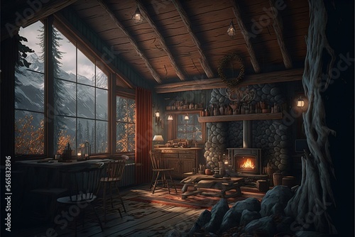 Cozy and rustic cabin in the mountains, created with Generative AI technology