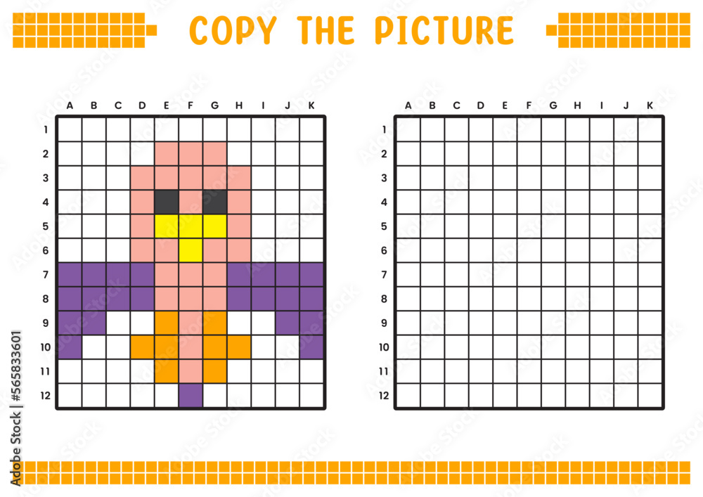 Fototapeta premium Copy the picture, complete the grid image. Educational worksheets drawing with squares, coloring cell areas. Preschool activities, children's games. Cartoon vector illustration, pixel art. Pink bird.