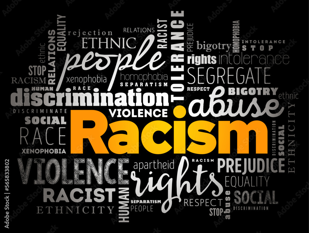 Racism - process by which systems and policies, actions and attitudes create inequitable opportunities for people based on race, word cloud concept background Racism - process by which systems and policies, actions and attitudes create inequitable opportunities for people based on race, word cloud concept background