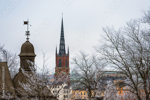 Stockholm, Sweden. View of Riddarholmskyrkan steeple outstanding over the city buildings on a cold day of winter photo