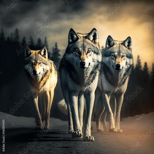 Tre fratelli lupi che escono insieme dalla foresta, sfocata sullo sfondo photo