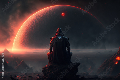 Sith Lord che medita di fronte ad un pianeta nel cielo oscuro, atmosfera oscura photo