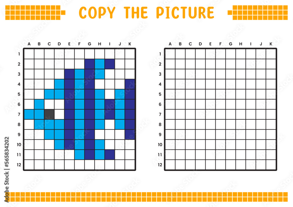 Fototapeta premium Copy the picture, complete the grid image. Educational worksheets drawing with squares, coloring cell areas. Preschool activities, children's games. Cartoon vector illustration, pixel art. Blue fish.