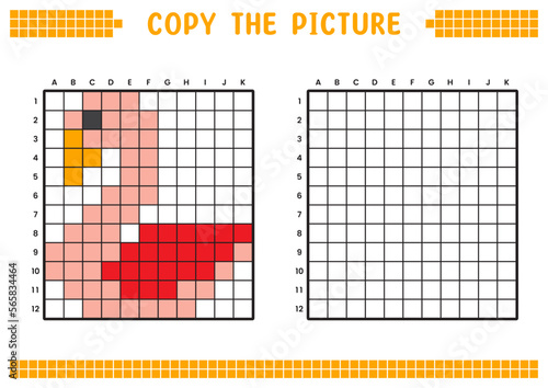 Copy the picture, complete the grid image. Educational worksheets drawing with squares, coloring cell areas. Preschool activities, children's games. Cartoon vector illustration, pixel art. Pink swan.