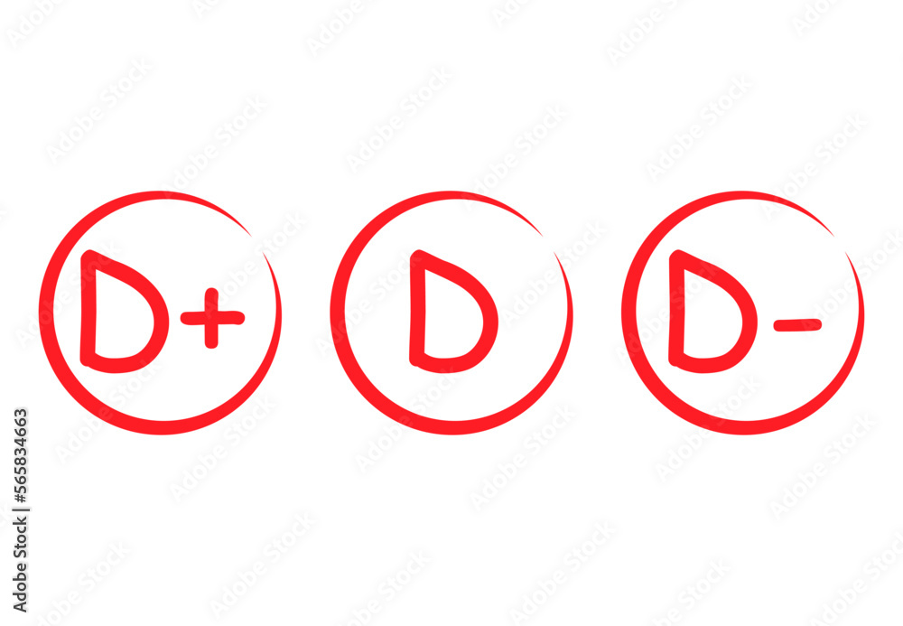 Set of Grade result D. Hand drawn icon in red circle. Test exam mark report vector illustration Set of Grade result D. Hand drawn icon in red circle. Test exam mark report vector illustration