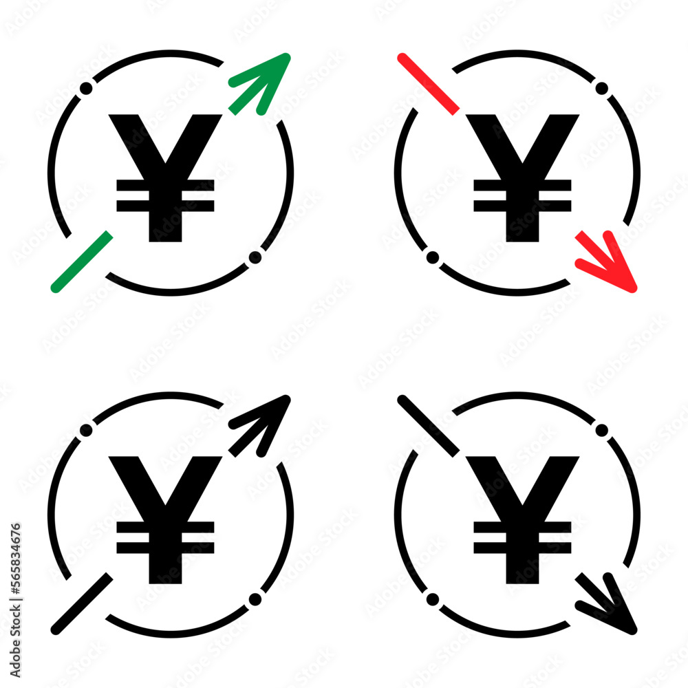 Obraz premium Set of cost symbol yuan increase and decrease icon. Money vector symbol isolated on background