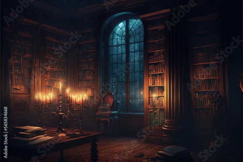 Books and candles in library with stain glass window. Fantasy magical scene. Generative ai.