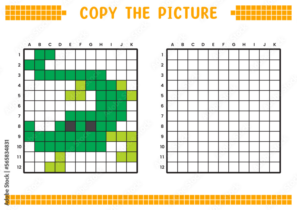 Fototapeta premium Copy the picture, complete the grid image. Educational worksheets drawing with squares, coloring cell areas. Preschool activities, children's games. Cartoon vector illustration, pixel art. Crocodile.