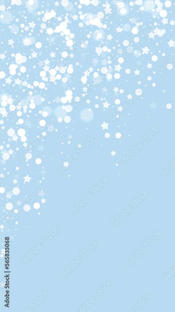 Snowfall overlay christmas background. Subtle flying snow flakes and stars on light blue winter backdrop. Festive snowfall overlay. Vertical vector illustration. Snowfall overlay christmas background. Subtle flying snow flakes and stars on light blue winter backdrop. Festive snowfall overlay. Vertical vector illustration.