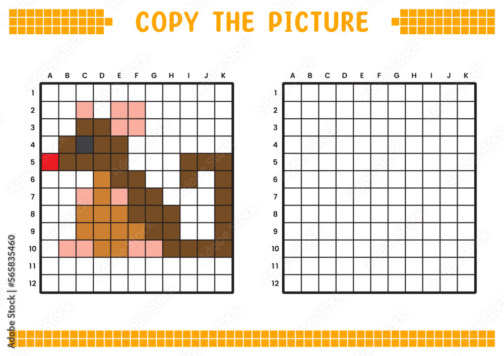 Fototapeta premium Copy the picture, complete the grid image. Educational worksheets drawing with squares, coloring cell areas. Preschool activities, children's games. Cartoon vector illustration, pixel art. Brown rat.