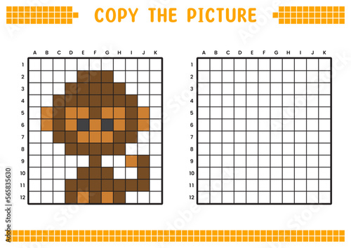 Copy the picture, complete the grid image. Educational worksheets drawing with squares, coloring areas. Preschool activities, children's games. Cartoon vector illustration, pixel art. Little monkey.