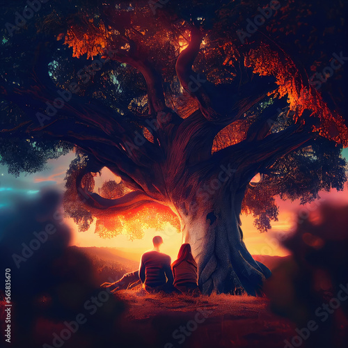 two people sitting under a tree, sunset