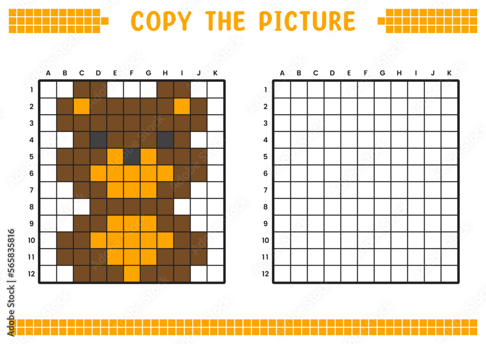 Fototapeta premium Copy the picture, complete the grid image. Educational worksheets drawing with squares, coloring cell areas. Preschool activities, children's games. Cartoon vector illustration, pixel art. Brown bear.