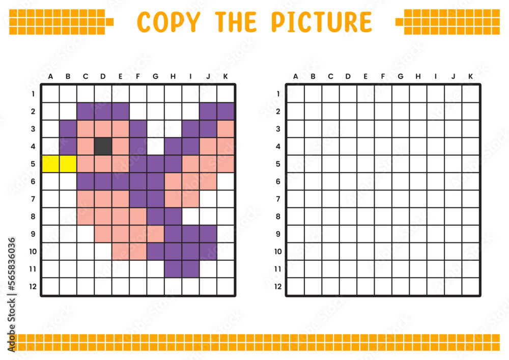 Fototapeta premium Copy the picture, complete the grid image. Educational worksheets drawing with squares, coloring areas. Preschool activities, children's games. Cartoon vector illustration, pixel art. Purple bird.