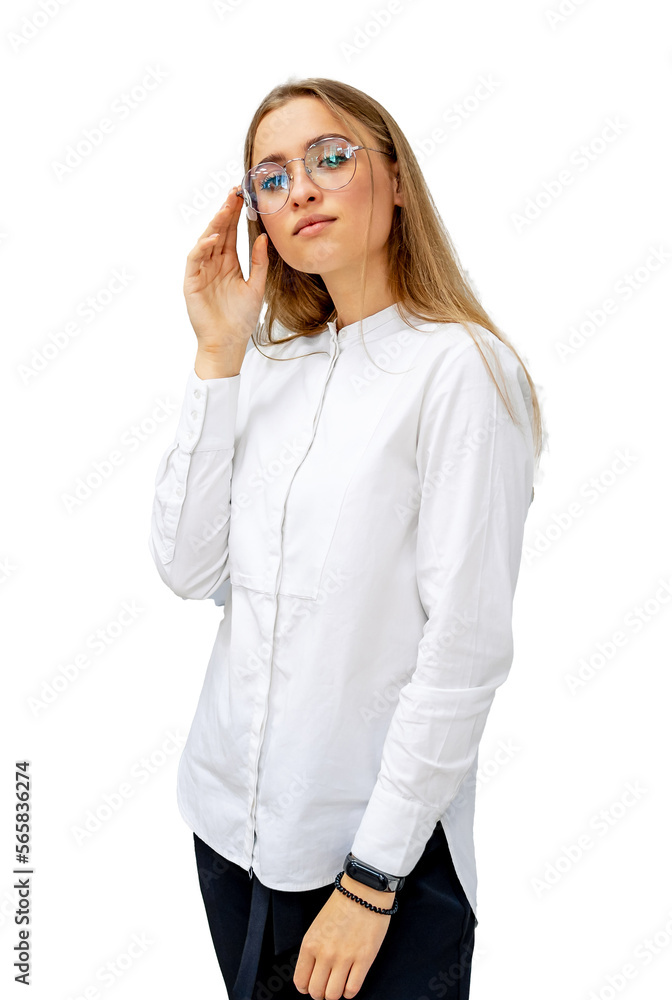 Young woman is wearing glasses in optician store. Eyesight correction. Ophtalmologist concept. Young woman is wearing glasses in optician store. Eyesight correction. Ophtalmologist concept.