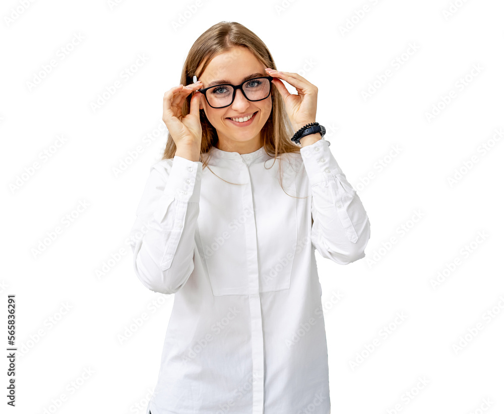 Happy female optometrist, optician standing with set of glasses in background in optical shop. Woman in spectacles. Happy female optometrist, optician standing with set of glasses in background in optical shop. Woman in spectacles.