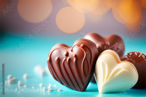 Saint Valentin, fête des amoureux. Coeur en chocolat cacao. Generative AI. photo
