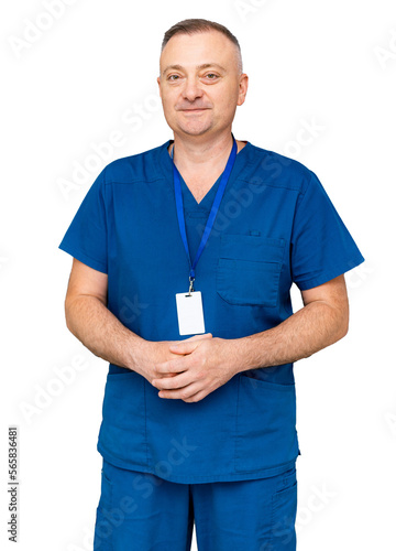 Portrait of handsome doctor with badge. Young happy cheerful practitioner.