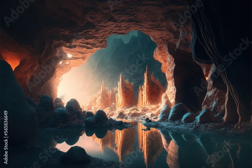  a cave with a lake and a lot of rocks and water inside of it with a light coming from the entrance to the cave and a few rocks on the water.  generative ai photo