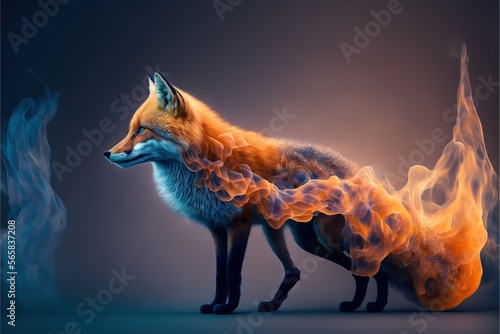  a fox with a flamey tail and a black background is shown in this artistic photo of a fox with a flamey tail and a black background is shown in the foreground.  generative ai photo