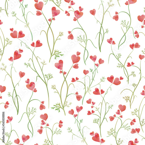 Hearts flowers watercolor seamless pattern isolated on white  Pink and green romantic valentine print Cute Spring floral background Small flowers botanical illustration
