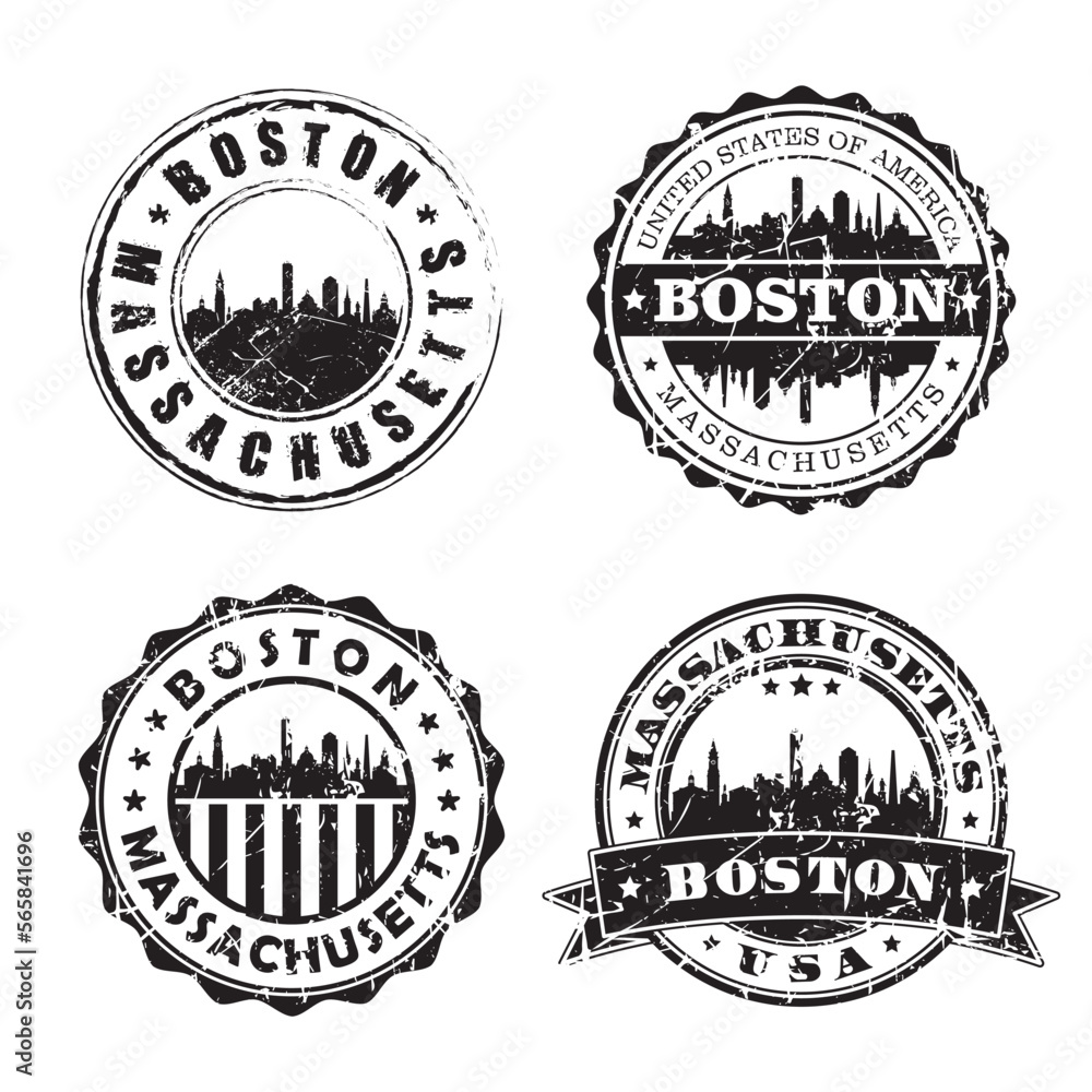 Boston Massachusetts Stamp Skyline Postmark. Silhouette Postal Passport. City Round Vector Icon Set. Vintage Postage