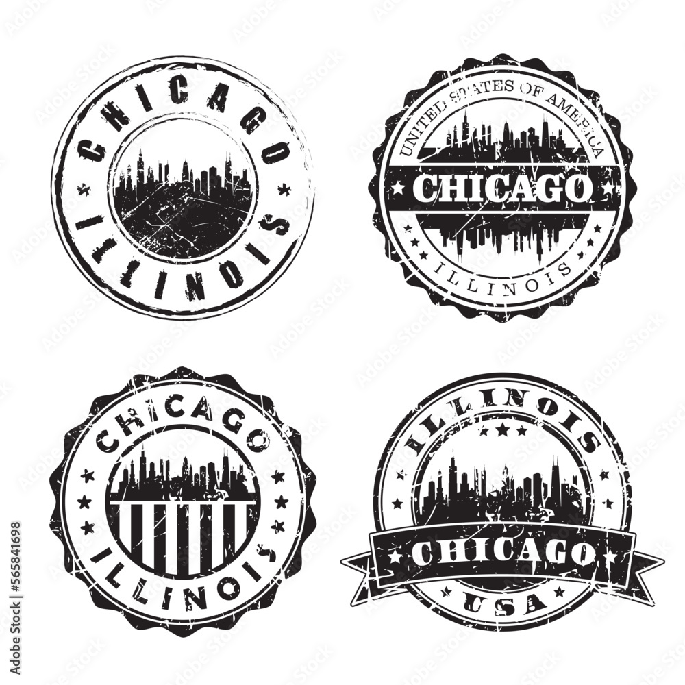Chicago Illinois Stamp Skyline Postmark. Silhouette Postal Passport. City Round Vector Icon Set. Vintage Postage
