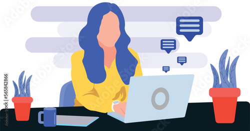 Woman is working at her laptop. Modern office interior with work process. A woman working from office or freelancer.Flat design vector illustration
