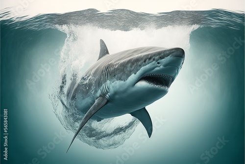 A big white shark in 3D rendered artwork in the sea under the water. Generative Ai.