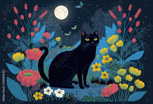black cat in colorful flowers garden