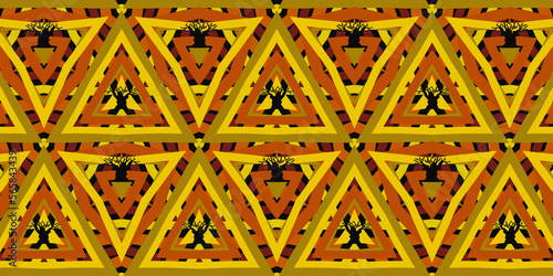 Modern African pattern ; geometric shapes and baobab trees ; bright, colored, textured and seamless pattern ; golden yellow, orange and black colors ; high définition (HD format) ; illustration