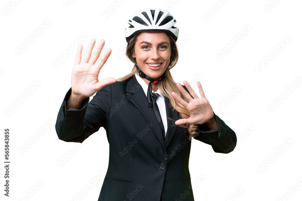 Business Uruguayan woman wearing a helmet biker over isolated background counting ten with fingers Business Uruguayan woman wearing a helmet biker over isolated background counting ten with fingers