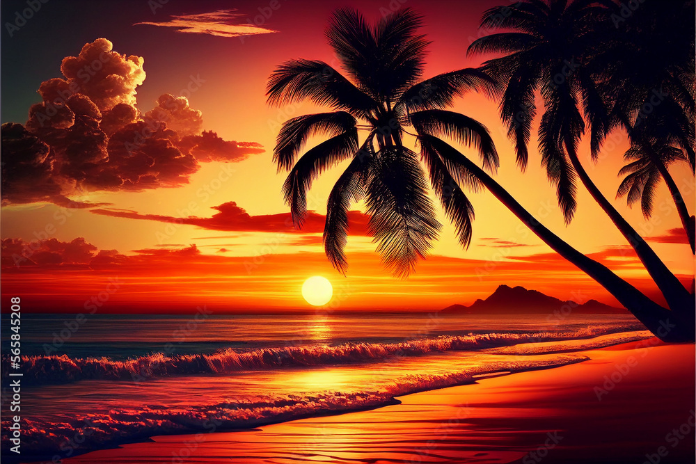 Sunset over a picturesque tropical beach. AI generated.