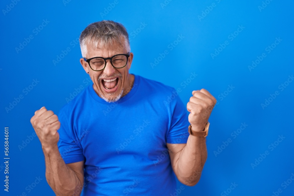 Naklejka premium Hispanic man with grey hair standing over blue background very happy and excited doing winner gesture with arms raised, smiling and screaming for success. celebration concept.