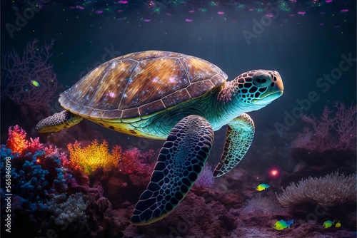Colorful illustration of a sea turtle swimming over coral reefs. Generative AI.