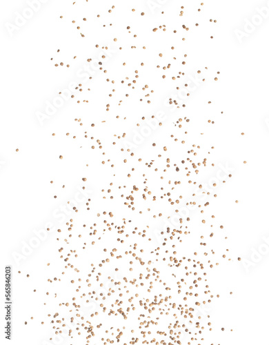 Fototapeta Naklejka Na Ścianę i Meble -  Coriander seed fall down in group, brown coriander seed float explode, abstract cloud fly. Dried coriander seeds splash throwing in Air. White background Isolated high speed shutter, freeze motion