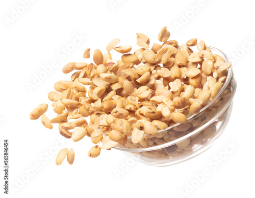 Roasted Peanut bean fall throw up in glass bowl, Roasted Peanut bean float explode, abstract cloud fly. Roasted Peanut beans splash throwing in Air. White background Isolated high speed shutter photo