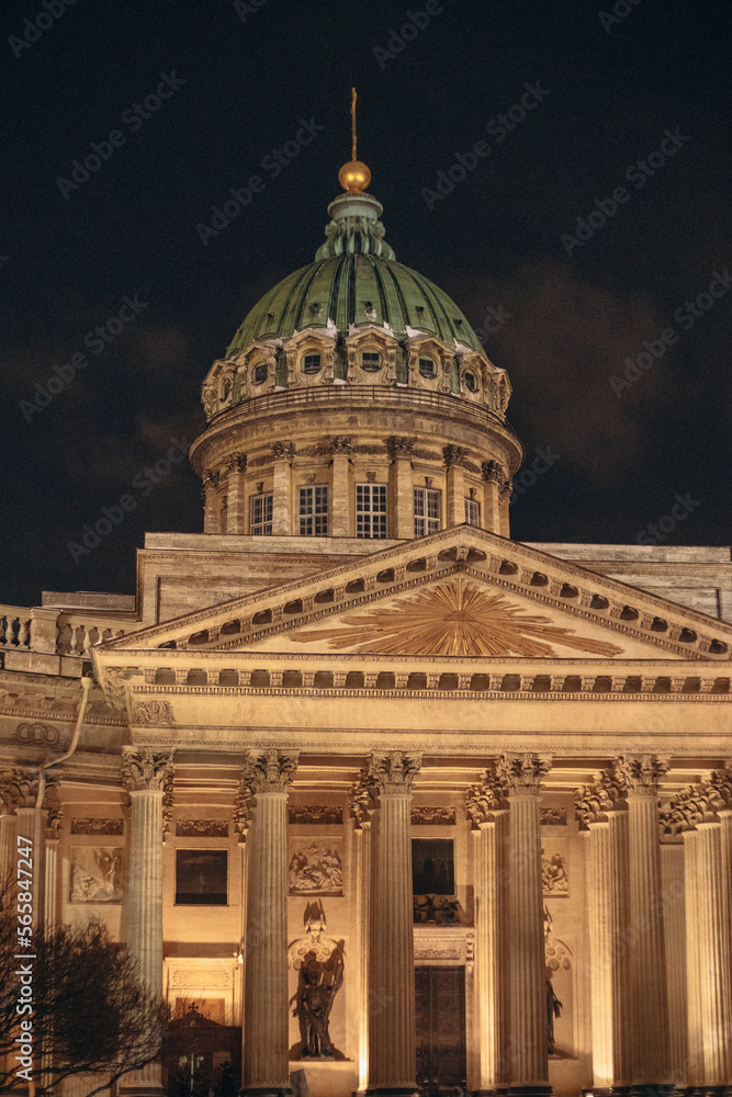 Orthodox church with the style of classicism. View at night by the light of lanterns.