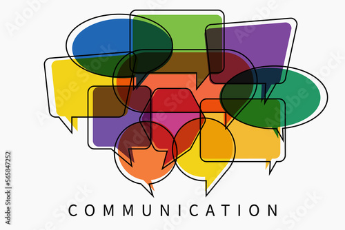 The concept of human communication. Word communication with colorful dialogic speech bubbles. The concept of the message question. Illustration on a white background. Flat style. Speak english. photo