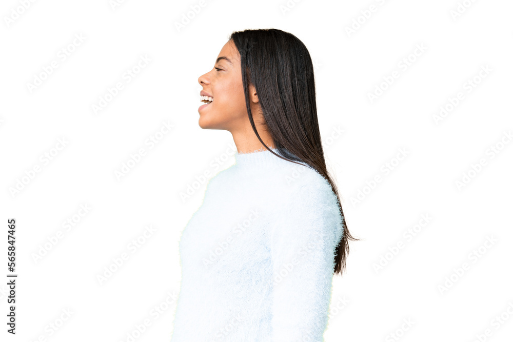 Young African American woman over isolated chroma key background laughing in lateral position Young African American woman over isolated chroma key background laughing in lateral position
