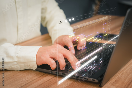Man working with technology computer in Business Analytics and Data Management System to make report with KPI and metrics connected to database. Corporate strategy for operations, planing, marketing.