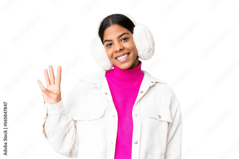 Young African American woman wearing winter muffs over isolated chroma key background happy and counting four with fingers Young African American woman wearing winter muffs over isolated chroma key background happy and counting four with fingers